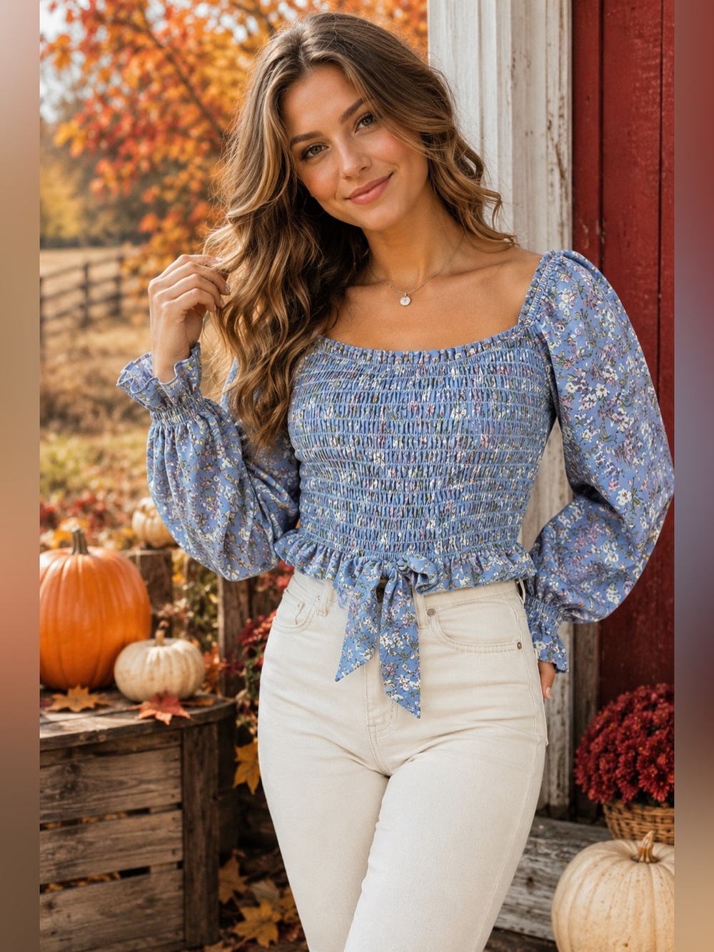 ACOA Blue Floral Smocked Tie Front Long Sleeve Crop Blouse | Cottagecore Peasant